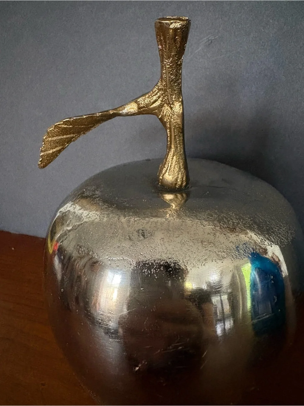 Large Decorative Metal Apple Sculpture - Silver with Gold Brass Stem